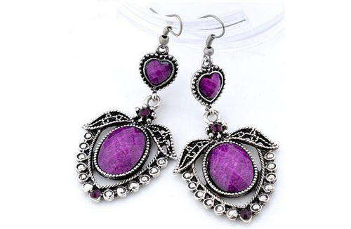 *****SALE***** EARRINGS - TIBETAN SILVER - PURPLE HEART CRYSTAL BEADED DANGLE EARRINGS