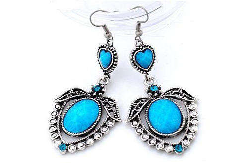 EARRINGS - TIBETAN SILVER - BLUE HEART CRYSTAL BEADED DANGLE