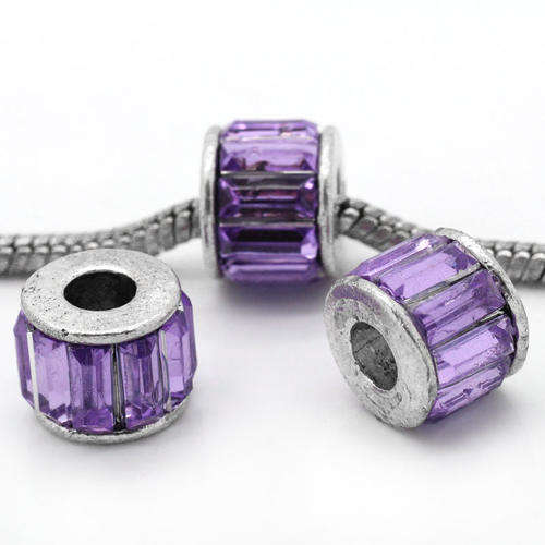 PANDORA STYLE RONDELLE SPACER BEAD WITH LILAC ACRYLIC RHINESTONES