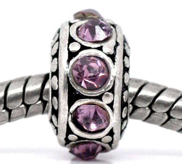 PANDORA STYLE ANTIQUE SILVER VINTAGE STYLE RONDELLE BEADS WITH PINK RHINESTONES