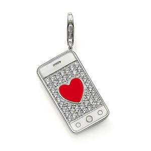 PENDANTS - 925 SILVER FILLED - CLIP ON - BLING PHONE WITH RED ENAMELED HEART
