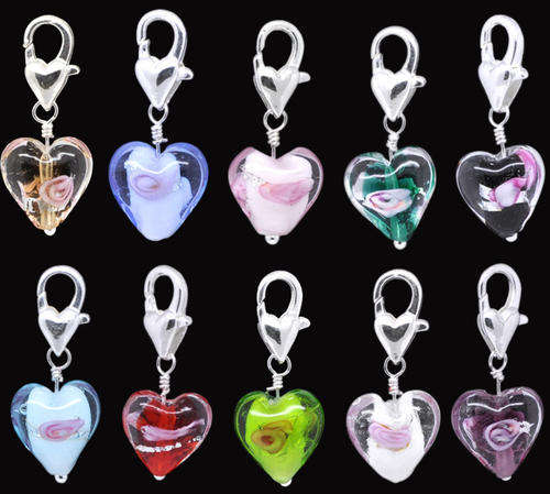 CHARMS - CLIP ON - MURANO GLASS INNER FLOWER HEARTS - ASSORTED COLORS