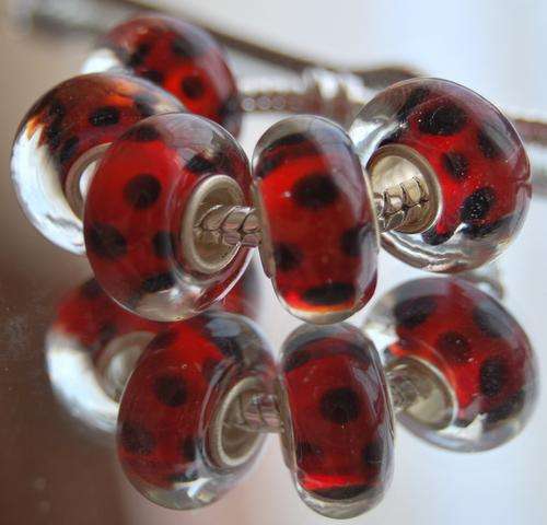 EUROPEAN STYLE - OOAK - UNIQUE - MURANO GLASS - RED WITH BLACK DOTS