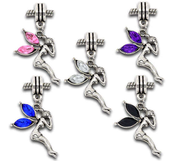 PANDORA STYLE DANGLE CHARMS - ANTIQUE SILVER FAIRY WITH MIXED COLORED RHINESTONE WINGS