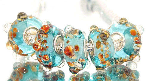 PANDORA STYLE 925 SILVER MURANO GLASS LAMPWORK BEADS - LIGHT BLUE WITH AUTUMN COLORS
