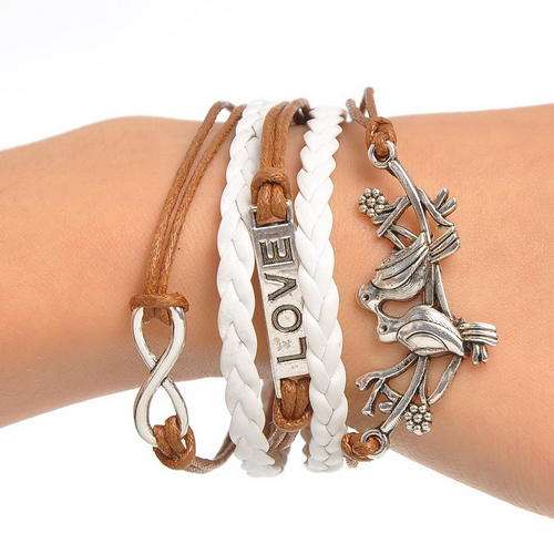 INFINITY - SILVER, WHITE AND BROWN 5 IN 1 - BIRDS AND LOVE LEATHER AND ROPE BRACELET