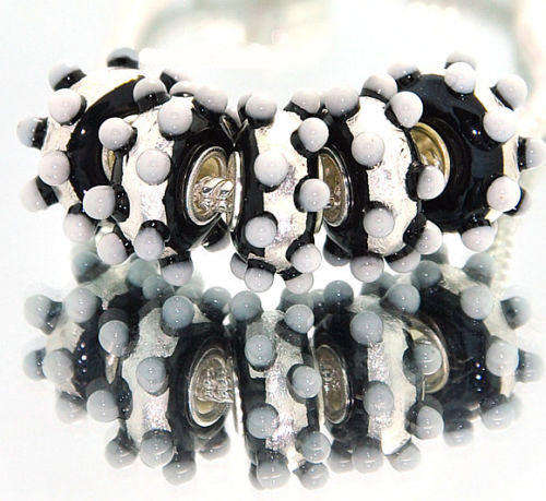 EUROPEAN STYLE - 925 SILVER CORE - GLASS BEADS - SOLID BLACK WITH SILVER & WHITE LAMPWORK BUMPS