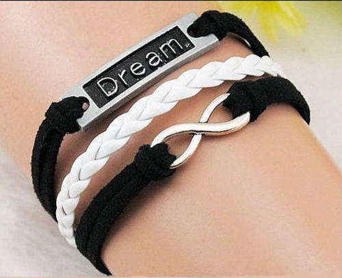 SILVER, WHITE AND BLACK 3 IN 1 INFINITY, AND "DREAM" LEATHER AND SUEDE FRIENDSHIP BRACELET