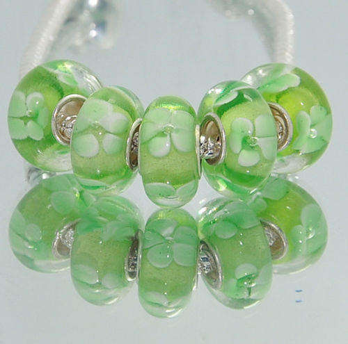 PANDORA STYLE 925 SILVER MURANO GLASS BEADS - CLEAR GREEN WITH WHITE INNER FLOWERS