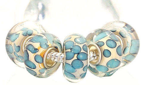 PANDORA STYLE - 925 SILVER CORE - MURANO GLASS BEADS - CLEAR BEIGE WITH BLUE LEOPARD PRINT DESIGN
