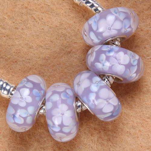 PANDORA STYLE HANDMADE MURANO GLASS BEADS - LILAC & BLUE FLORAL DESIGN