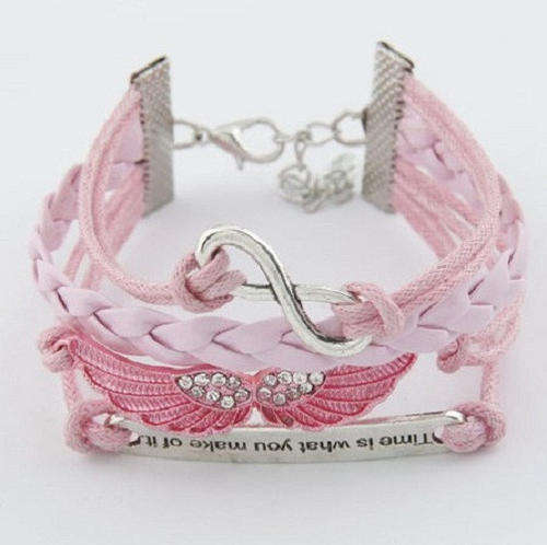 SILVER, PINK 4 IN 1 "WHERE THERE'S A WILL" & PINK RHINESTONE WINGS LEATHER & ROPE INFINITY BRACELET