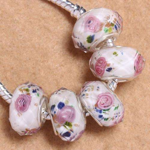 PANDORA STYLE 925 SILVER MURANO GLASS BEADS - CLEAR WHITE WITH GOLD DUST AND INNER ROSE