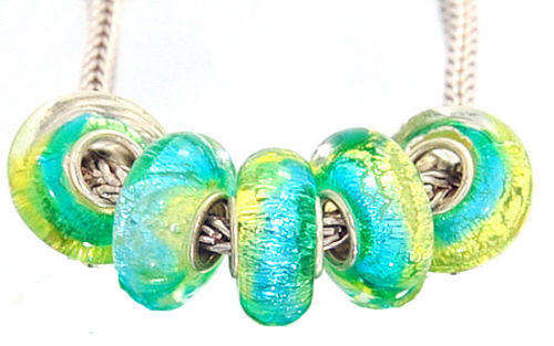PANDORA STYLE 925 SILVER MURANO GLASS BEADS - SILVERFOIL - BLUE, GREEN & YELLOW