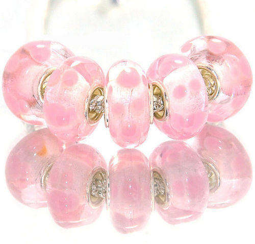 PANDORA STYLE 925 SILVER MURANO GLASS BEADS - CLEAR BABY PINK WITH PINK POLKA DOTS