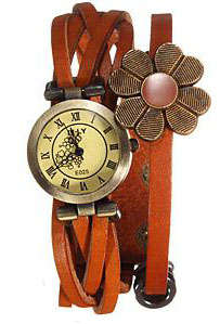 LEATHER BRAIDED STRAP - VINTAGE FLOWER - WRAP QUARTZ  WRIST BRACELET WATCH - LIGHT TAN