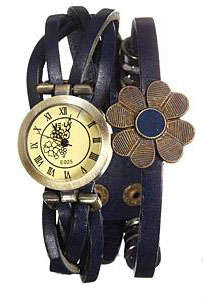 EUROPEAN FASHION GENUINE LEATHER  - VINTAGE FLOWER - WRAP QUARTZ WRIST BRACELET WATCH - DEEP BLUE