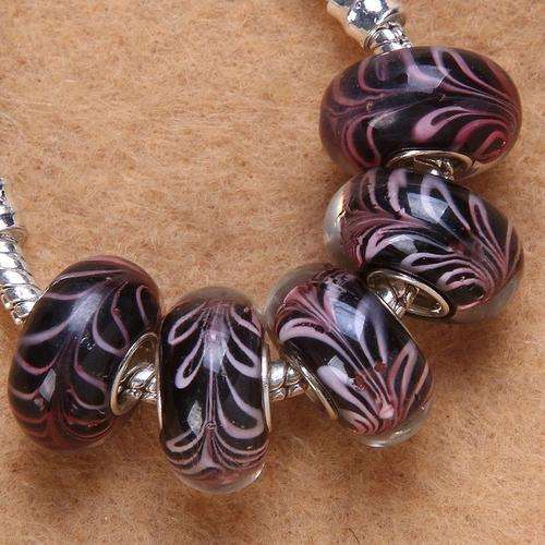 925 SILVER CORE - MURANO GLASS BEADS -  CLEAR BLACK AND PINK LEAF DESIGN