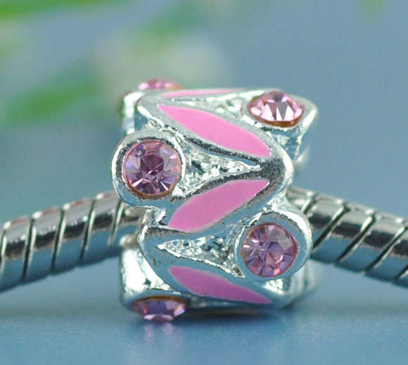 EUROPEAN STYLE - RHINESTONE - ENAMEL - PINK LEAF - SPACER BEADS