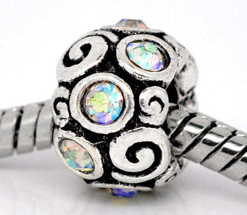 PANDORA STYLE - ANTIQUE SILVER - SCROLL SPACER BEADS - MOTHER OF PEARL RHINESTONES - 12 x 7mm