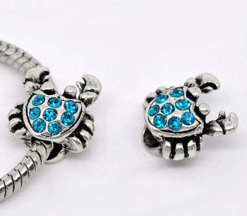 PANDORA STYLE - ANTIQUE SILVER - CRAB - SPACER BEADS - BLUE CRYSTAL RHINESTONES