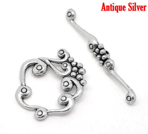 TOGGLE CLASP - ANTIQUE SILVER - CARVED PATTERN - 41mmx5mm & 26mmx24mm