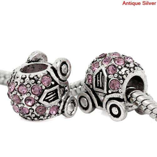 PANDORA STYLE - ANTIQUE SILVER - CHARM BEADS - PUMPKIN CAR - LILAC RHINESTONE -10 x12mm