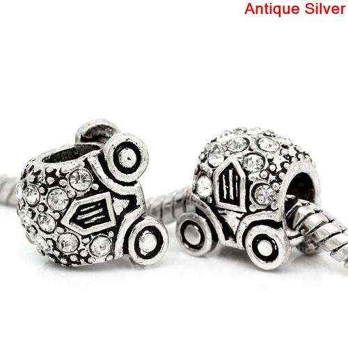 EUROPEAN STYLE - ANTIQUE SILVER - CHARM BEADS - PUMPKIN CAR - CLEAR RHINESTONE -10 x12mm