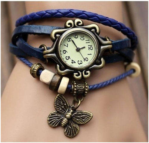EUROPEAN FASHION GENUINE LEATHER LADIES WATCH - BRAIDED STRAP - VINTAGE BUTTERFLY - DEEP BLUE