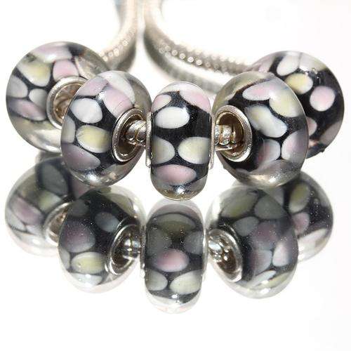 EUROPEAN STYLE - 925 SILVER CORE - MURANO GLASS BEADS - CLEAR WITH LILAC AND WHITE DESIGN ON BLACK