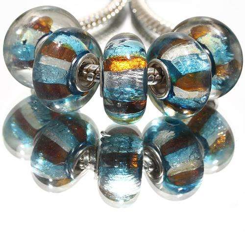 PANDORA STYLE 925 SILVER MURANO GLASS BEADS - CLEAR WITH BLUE, WHITE AND GOLD SILVERFOIL