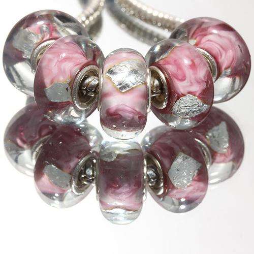 PANDORA STYLE 925 SILVER MURANO GLASS BEADS - CLEAR CLOUDY PINK AND WHITE WITH SILVERFOIL