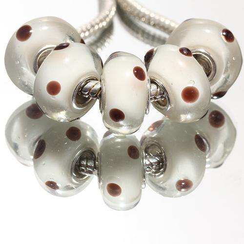 925 SILVER CORE - MURANO GLASS - LAMPWORK BEADS - SOLID WHITE WITH BROWN POLKA DOTS