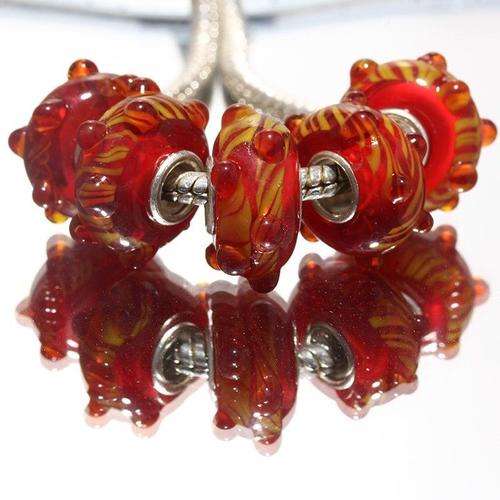 EUROPEAN STYLE - 925 SILVER CORE - MURANO GLASS BEADS - RED AND ORANGE STRIPED LAMPWORK