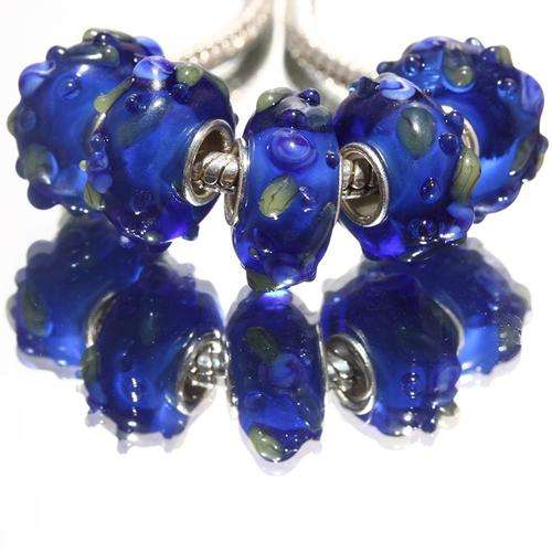 EUROPEAN STYLE - 925 SILVER CORE - MURANO GLASS BEADS - ROYAL BLUE - RAISED LIGHT BLUE ROSES