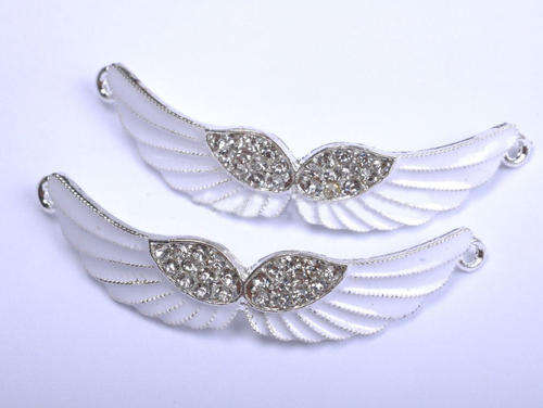 CONNECTORS - CRYSTAL RHINESTONE - WHITE ENAMEL - CURVED ANGEL WINGS - 54mm