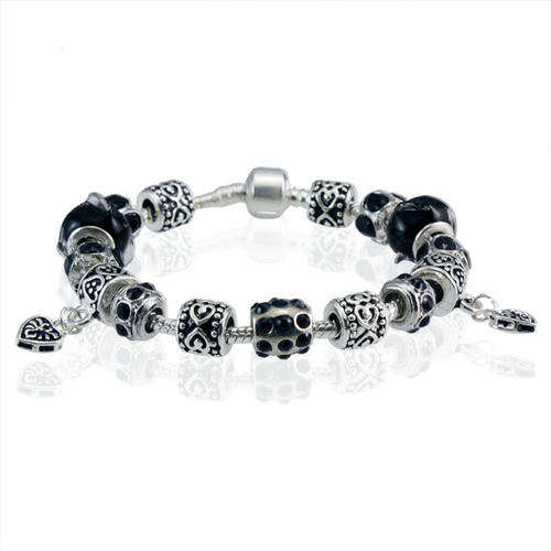 BRACELETS - EUROPEAN - SNAKE CHAIN - COMPLETE - SILVER - BLACK CRYSTAL - 20cm