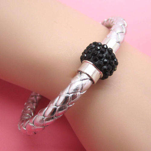 LEATHER WRAP - SILVER WRISTBAND WITH BLACK RHINESTONE MAGNETIC CLASP BRACELET