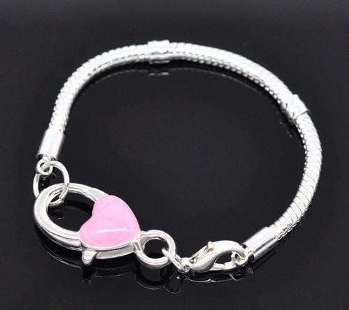 BRACELETS - EUROPEAN - SNAKE CHAIN - PINK ENAMEL HEART LOCK CLASP - 15cm