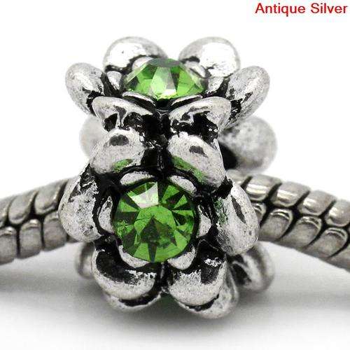 PANDORA STYLE - ROUND - ANTIQUE SILVER - FLOWER PATTERN - GREEN RHINESTONE -13 x13mm