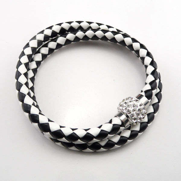 LEATHER WRAP - DOUBLE - BLACK AND WHITE WRISTBAND WITH CLEAR RHINESTONE MAGNETIC CLASP BRACELET