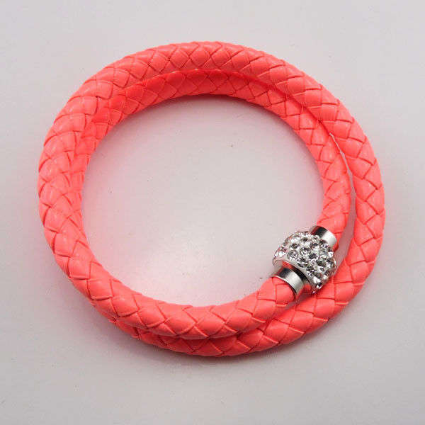 LEATHER WRAP - DOUBLE - PINK WRISTBAND WITH CLEAR RHINESTONE MAGNETIC CLASP BRACELET