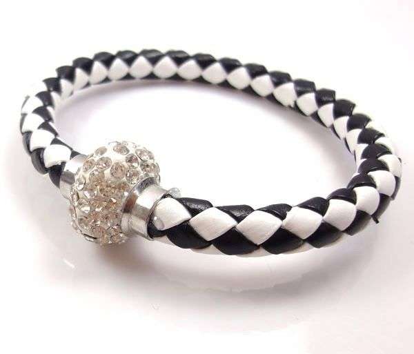 LEATHER WRAP - BLACK AND WHITE WRISTBAND WITH CLEAR RHINESTONE MAGNETIC CLASP BRACELET