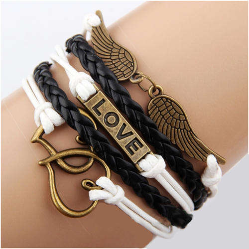 INFINITY - BRONZE, WHITE & BLACK - DOUBLE HEARTS, LOVE & ANGEL WINGS - LEATHER & ROPE BRACELET