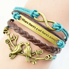 INFINITY ANTIQUE BRONZE, BROWN & TURQUOISE  - 5 IN 1 - BIRDS & MOTTO - LEATHER & ROPE BRACELET