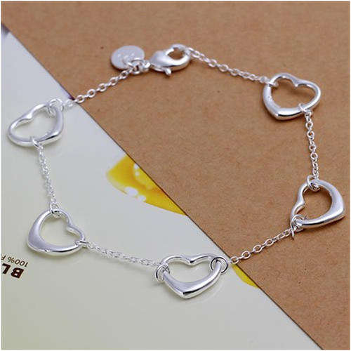 925 SILVER STAMPED - CHARM BRACELET WITH 5 HEART CHARMS