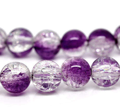 GLASS BEADS - LOOSE - ROUND - PURPLE AND CLEAR CRACKLE - 10mm