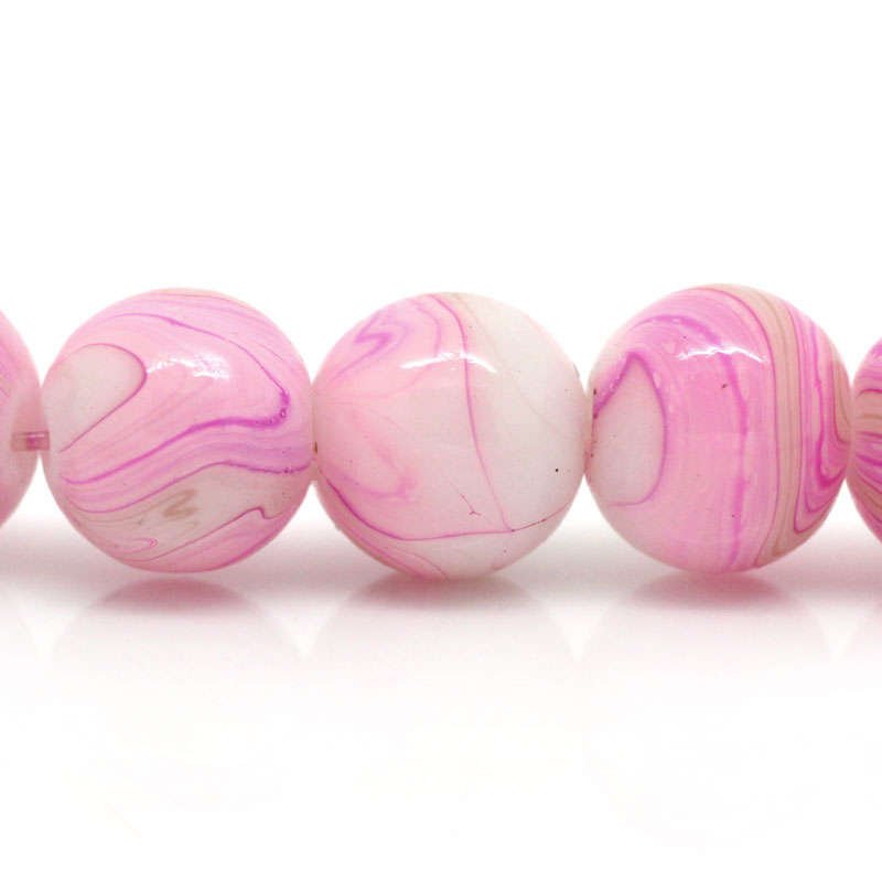 GLASS BEADS - LOOSE - ROUND - PINK AND WHITE SWIRL - 8mm