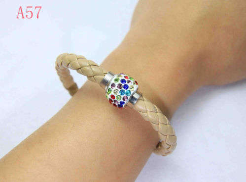 LEATHER WRAP - KHAKI WRISTBAND WITH MULTICOLOR RHINESTONES MAGNETIC CLASP BRACELET