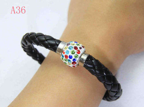 LEATHER WRAP - BLACK WRISTBAND WITH MULTICOLOR RHINESTONES MAGNETIC CLASP BRACELET